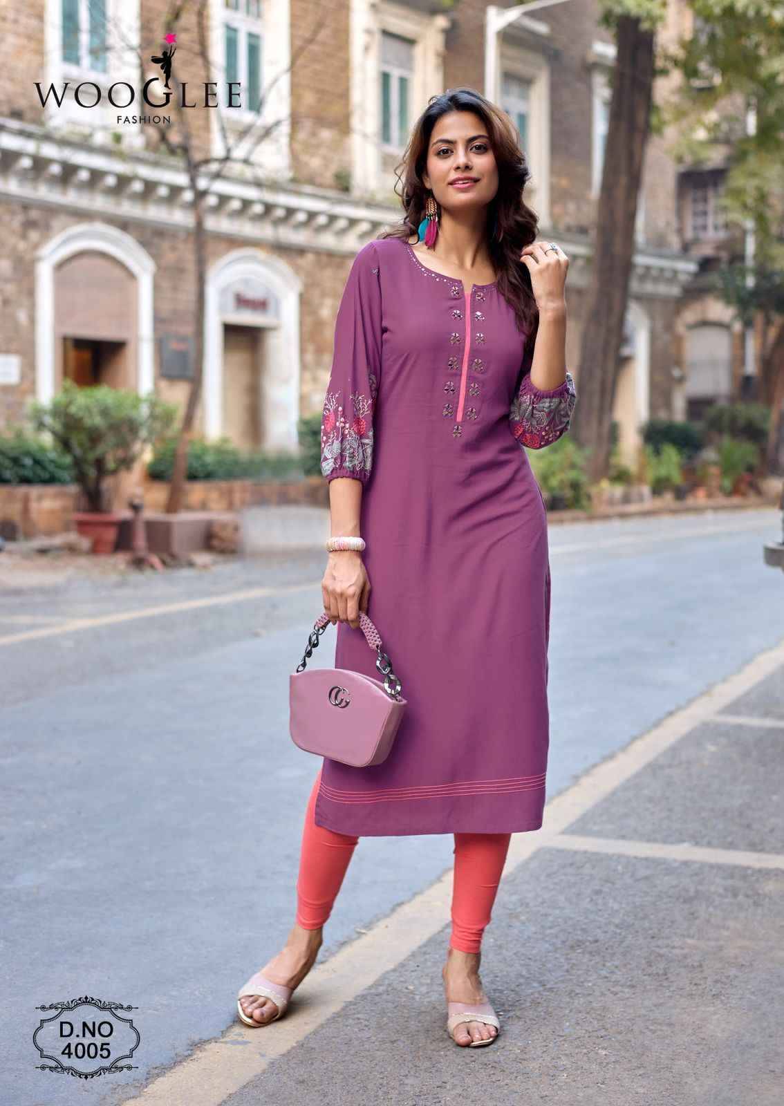 Aarvika By WOOGLEE 4001 To 4006 Series Designer Casuals Wear Collection Rayon Kurtis With Tread & Hand work At Wholesale Price